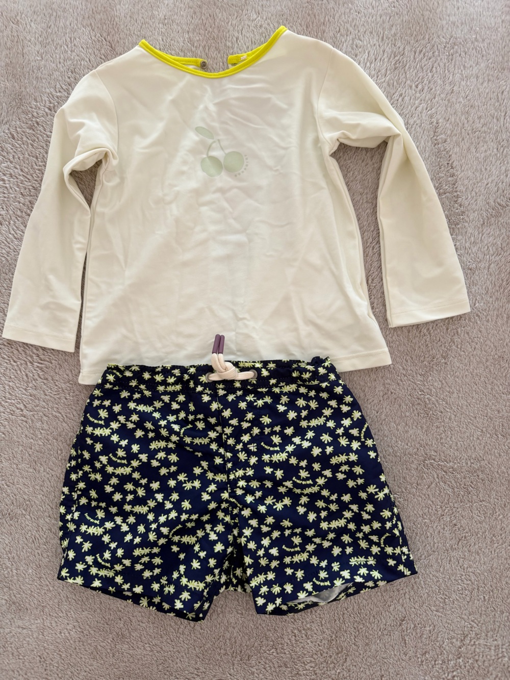 Bonpoint Cream Long-Sleeve Rashguard with Navy Floral Swim Bottoms